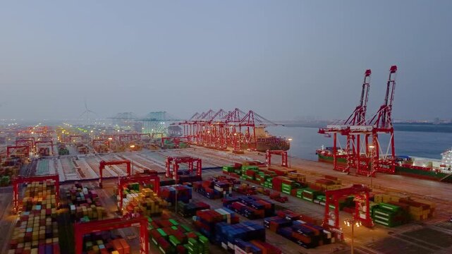 Aerial view of the cargo terminal of Tianjin Port at dusk