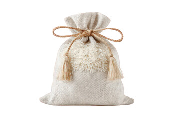 Small Beige Fabric Pouch with Gold Tassels and Drawstring