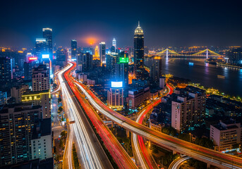 Naklejka premium Vibrant Colorful City Lightscape at Night