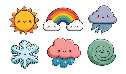 Fototapeta premium Cute Cartoon Weather Icons with Smile in Bright Colors and Playful Design