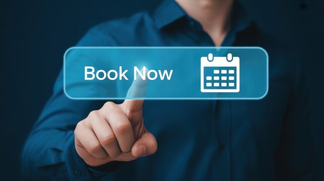 Digital Booking: A close-up shot features a person pointing at a digital Book Now button on a screen, suggesting ease of access to a booking service.