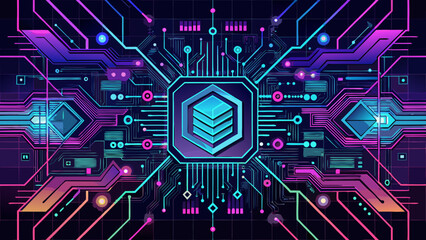 Futuristic neon circuit board with central hexagonal chip