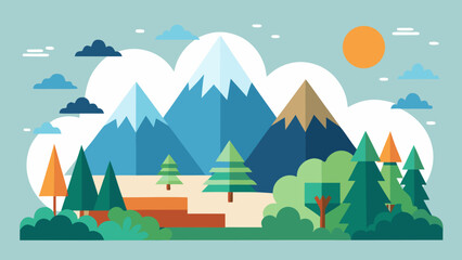 Stylized mountain landscape with trees and sun