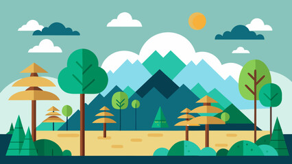 Stylized mountain landscape with trees and clouds