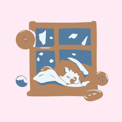 Cartoon Sleep_ Window Illustration with Playful Buttons Sticker.eps