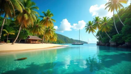 Naklejka premium A tranquil tropical beach scene showcases a secluded bay with palm trees, a wooden beach hut, and a sailboat on the calm turquoise water.