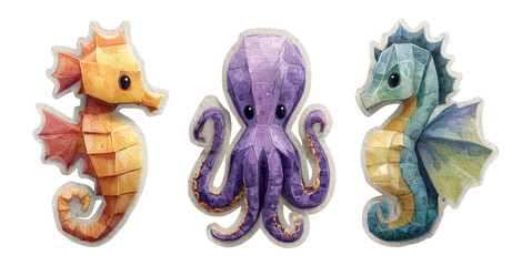 Colorful Papercraft Marine Creatures with Unique Shapes on Transparent Background