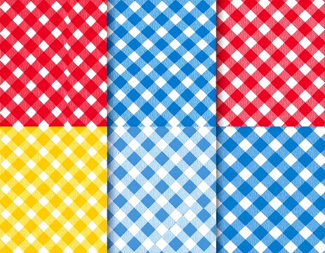 Four vibrant plaid patterns in red, blue, and yellow, perfect for fabric or digital design.