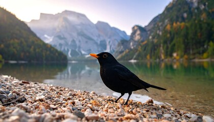 A blackbird perches on a lakeshore, framed by stunning mountain scenery and a serene lake.