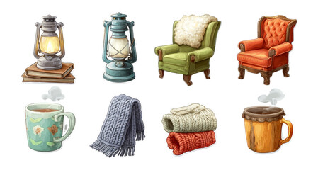 Cozy Home Decor Elements with Lantern, Chairs, Mugs, Blankets and Bucket