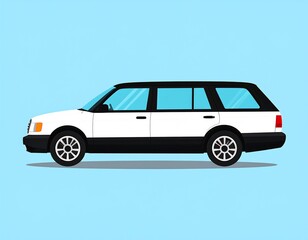 A side view of a stylized, white and black station wagon against a light blue backdrop.