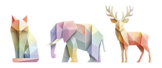 Colorful Geometric Animal Collection Featuring Fox, Elephant, and Deer Shapes