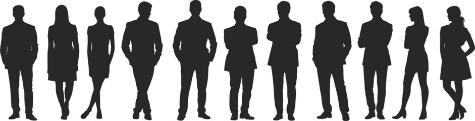 Business people silhouette, professional attire, corporate office culture, teamwork, leadership, posture, black figures, formal wear, organizational diversity