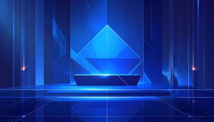 A futuristic, vibrant blue digital space features a geometric pyramid and a sleek platform, bathed in a captivating light display.