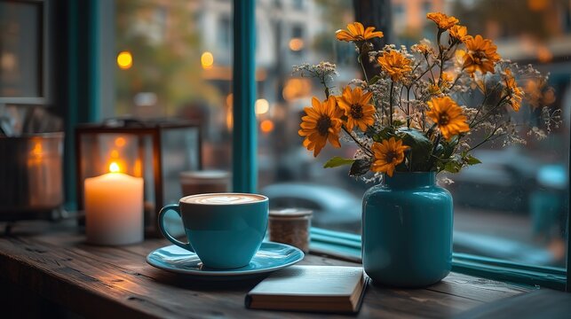 Warm cozy reading scene in modern caf&eacute; by sunny window, leisure relaxation time alone