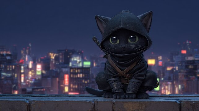 Cute black cat ninja cityscape