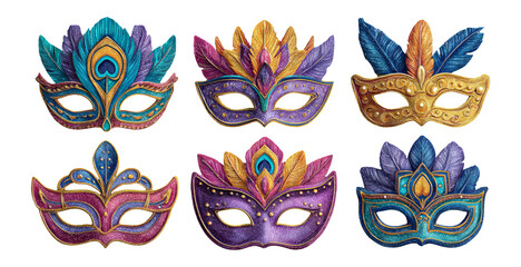 Colorful Decorative Masks With Feathers And Ornate Details On Transparent Background