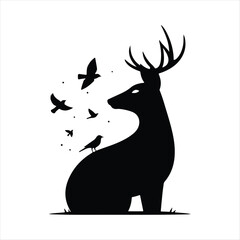 Deer looking back as birds fly behind it vector silhouette outline logo design concept illustration