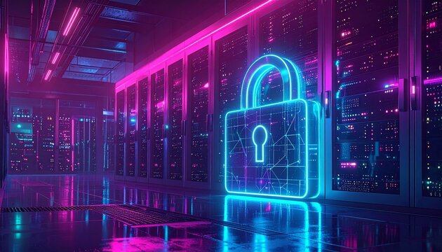 Futuristic cybersecurity lock in a vibrant neon-lit data center