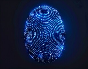 Digital fingerprint represented by glowing blue dots on dark backgroun