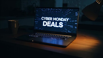 Cyber Monday deals glowing neon text on laptop screen, digital retail promotion banner - Powered by Adobe