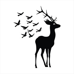  Deer looking back as birds fly behind it vector silhouette outline logo design concept illustration