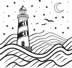 Black and White Lighthouse Illustration with Waves, Moon and Night Sky | Minimal Line Art Design