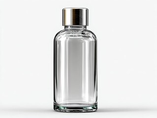 Clear glass bottle mockup with smooth cylindrical body and shiny aluminum cap perfect for label placement cosmetic packaging projects and drink branding