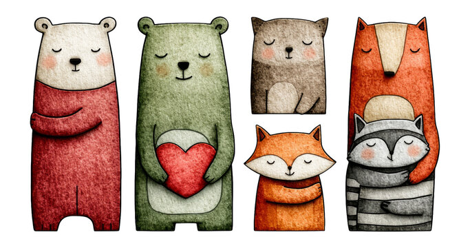 Cute Animal Characters with Heart in Soft Colorful Style for Playful Design