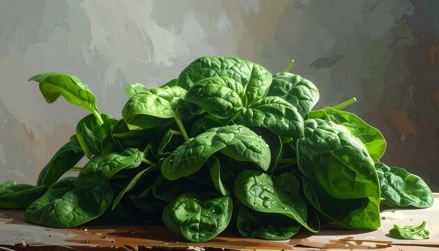 Lush, vibrant spinach leaves, detailed and fresh, sit on a rustic surface, bathed in natural light, showcasing a rich green hue and glistening water droplets.