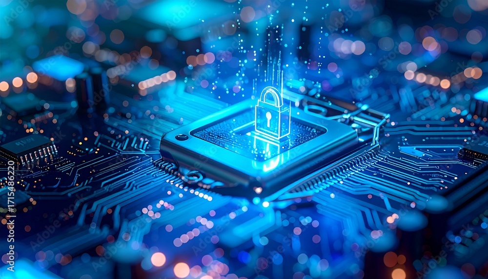 Poster futuristic security hologram on microchip with glowing circuitry desig