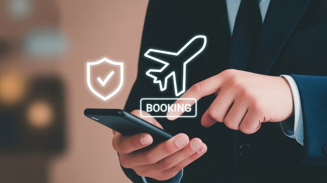 Booking the Skies: A modern individual uses the smartphone to secure travel arrangements, highlighting the convenience of online bookings and travel insurance for a journey.