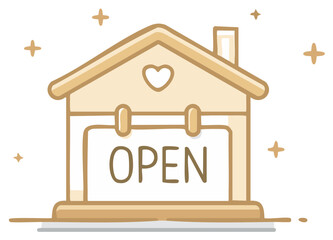 Simple Drawing of a House Shaped Sign with Open Word and Heart Shape at the Top