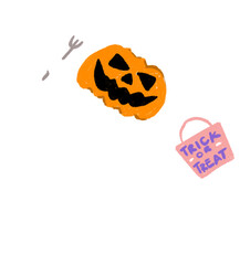 A crayon drawing of a little ghost wearing a pumpkin mask, holding a bucket of sweets in one hand and a fork in the other.