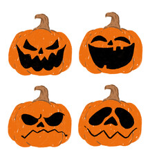 A crayon drawing of four pumpkin heads, each with a different appearance.