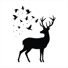  Deer looking back as birds fly behind it vector silhouette outline logo design concept illustration