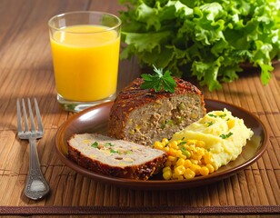 Sliced meatloaf, mashed potatoes, and corn side dish served on a plate, alongside a glass of orange juice.