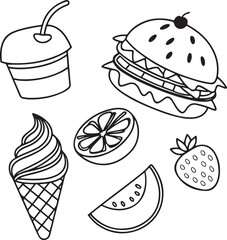 Black and White Food Doodle Set – Burger, Drink, Ice Cream, Banana, Cherry, and Lemon Slice Vector Illustration