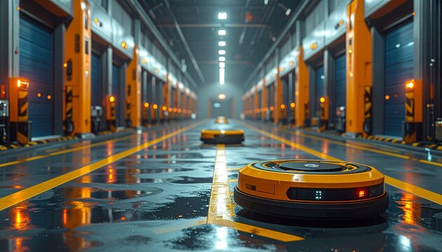 Autonomous mobile robots working in a modern logistics warehouse