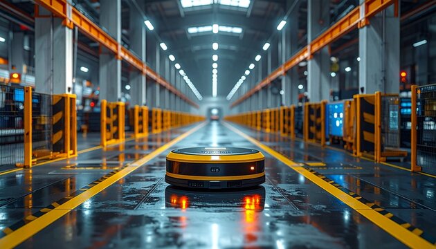 Autonomous mobile robot navigating a modern logistics facility interio