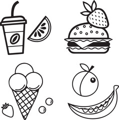 Black and White Food Doodle Set – Burger, Drink, Ice Cream, Banana, Cherry, and Lemon Slice Vector Illustration
