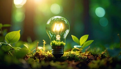 Illuminated Lightbulb in Green Forest on Mossy Ground with Sunlight and Bokeh Effect