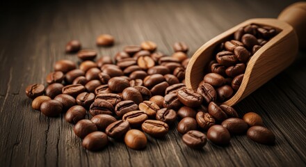Obraz premium Roasted coffee beans with a wooden scoop on a rustic wooden table