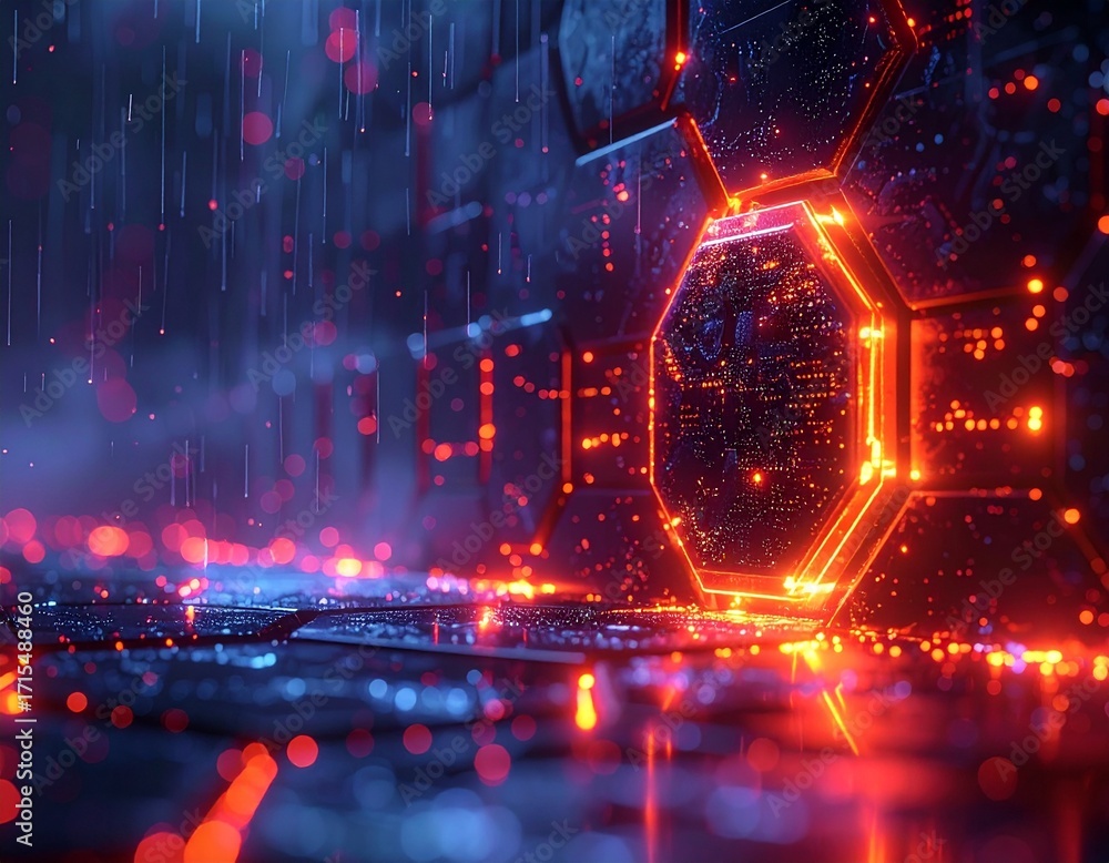 Poster vibrant glowing hexagonal patterns reflecting in wet rain