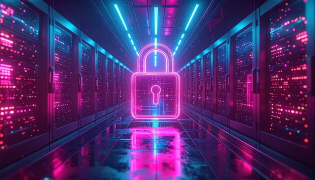 Futuristic neon lock surrounded by digital data server environment