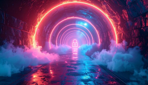 Futuristic neon tunnel with glowing lights and a lock symbol in fog - Powered by Adobe