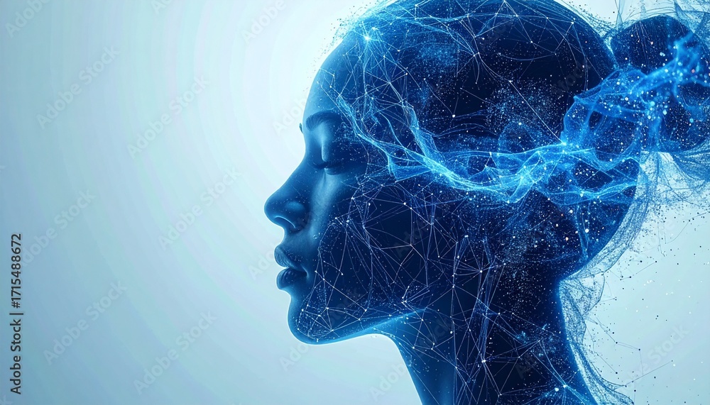 Poster futuristic profile with glowing neural connections and data streams