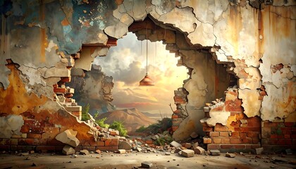 A dramatic vista beyond a shattered wall reveals a landscape of muted tones and a warm sunrise.