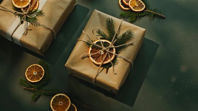 Eco friendly Christmas gifts with dried oranges, pine branches and magical particles