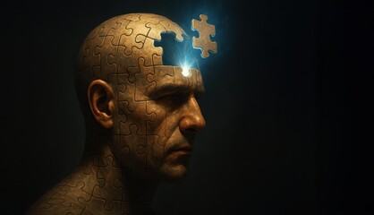 Unlocking The Mind: A striking visual metaphor depicts the human brain as an unfinished jigsaw puzzle, with glowing pieces representing ideas or thoughts, against a dramatic dark background. 